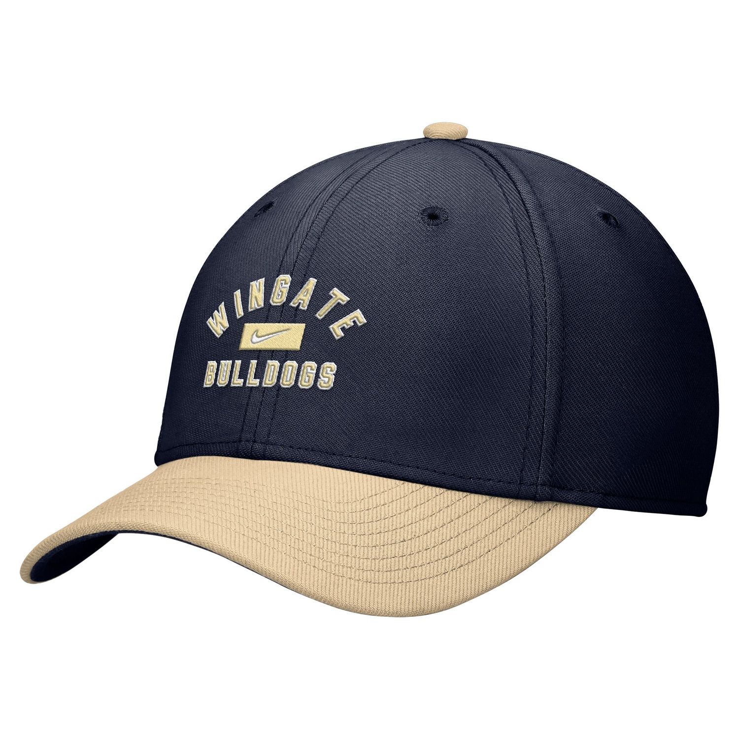 Navy Gold Wingate Bulldogs Dog Head Rise Color Black Drifit Structured Swoosh Flex Fit Hat, Size: SM/MD