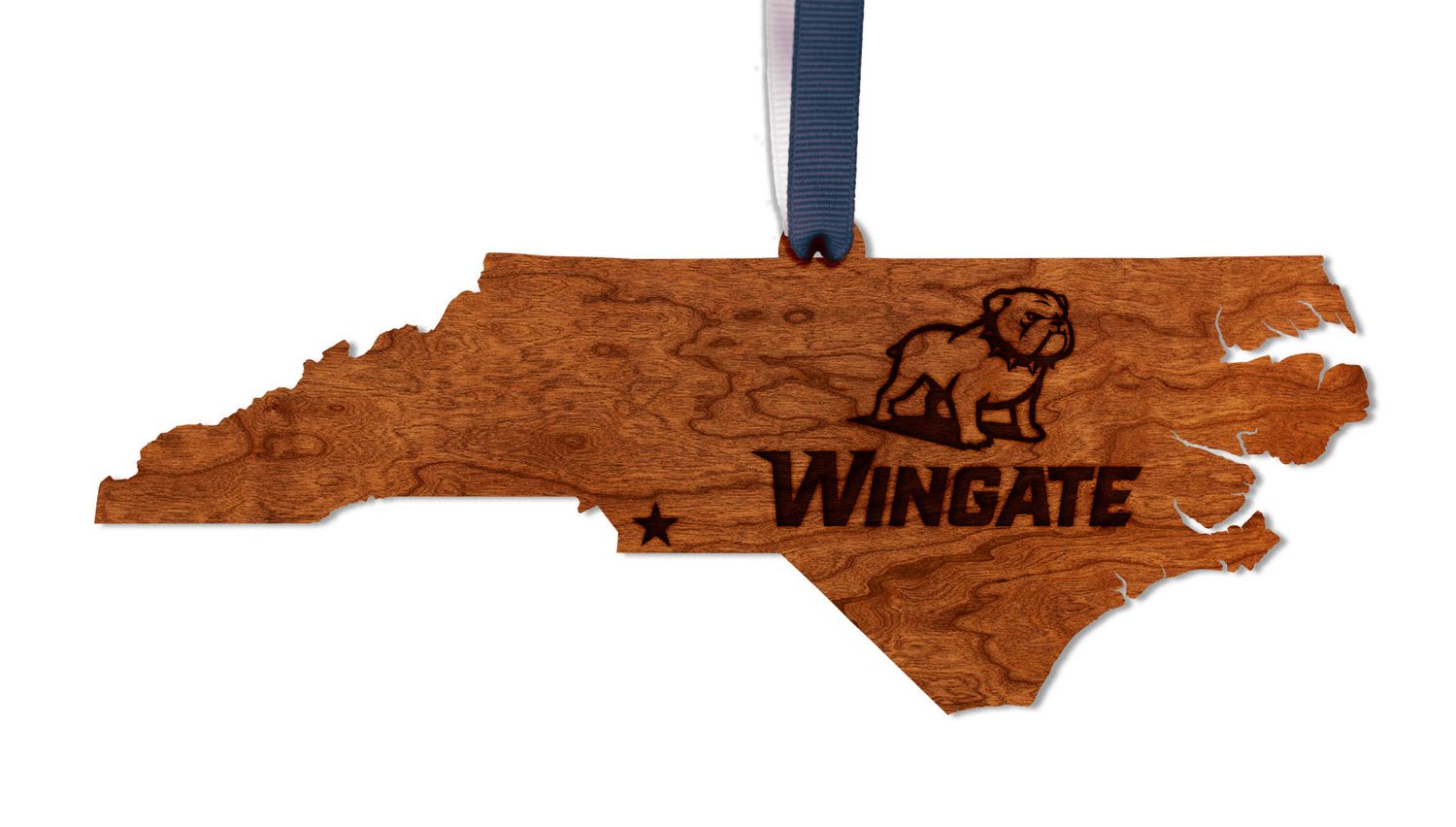 Full Standing Dog Over Wingate on State Cherry Wood Ornament