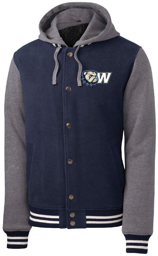 Grey Navy Snap Front Dog Head W Embroidered Hooded Jacket, Size: XL