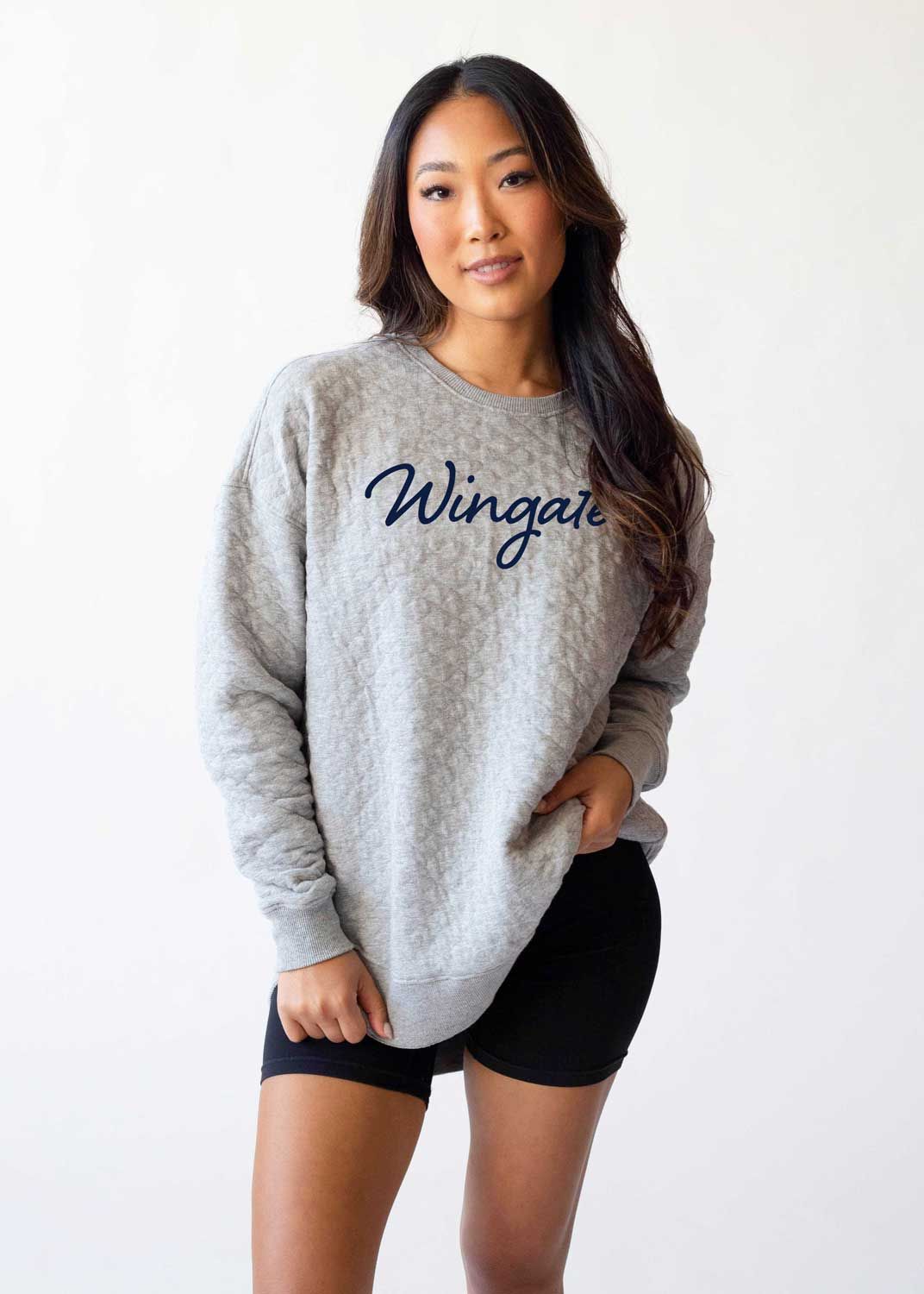 Grey Wingate Embroidered Quilted Fleece Crewneck, Size: SM