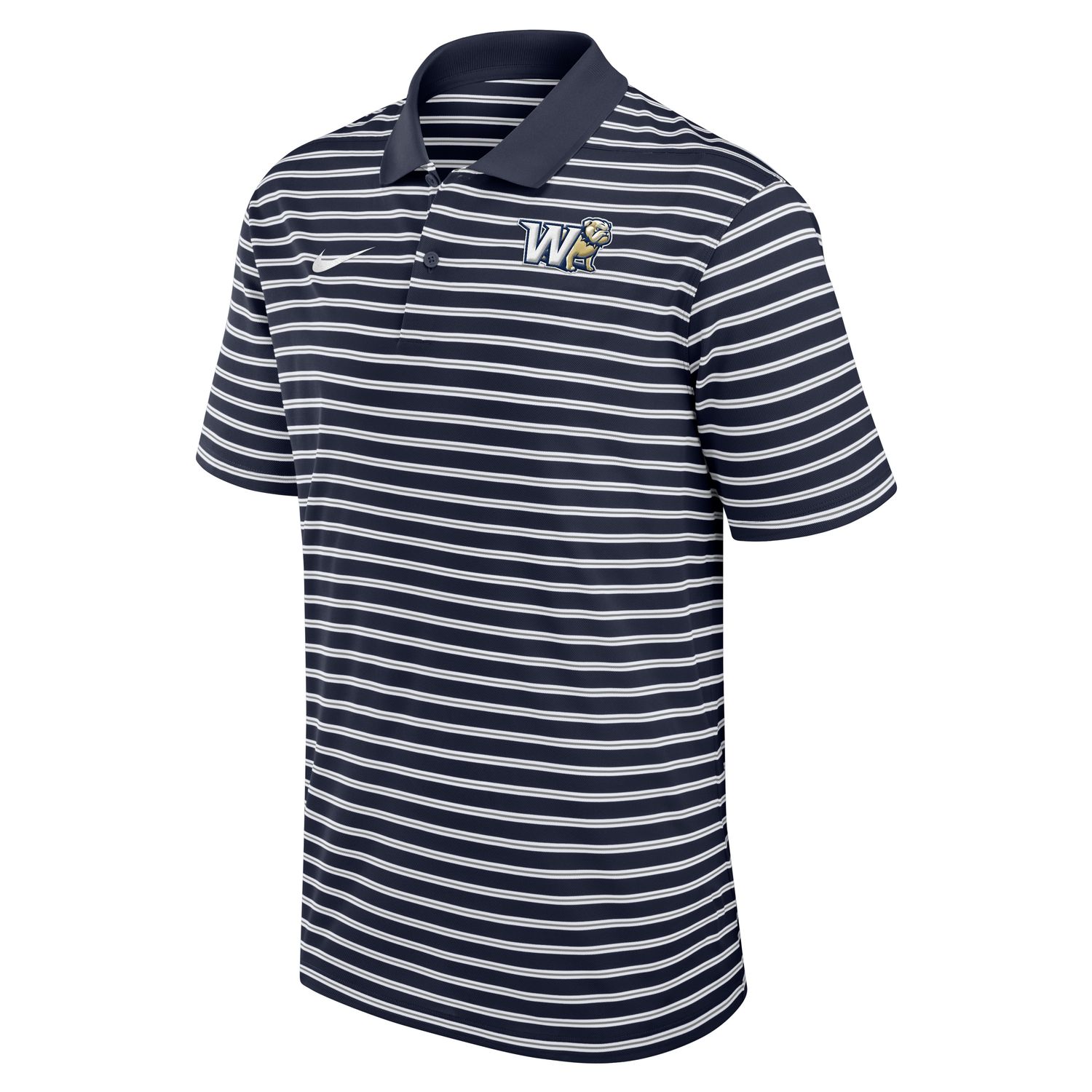 Navy W Full Standing Dog Behind Embroidered Knit Pique Drifit Victory Stripe Polo, Size: SM