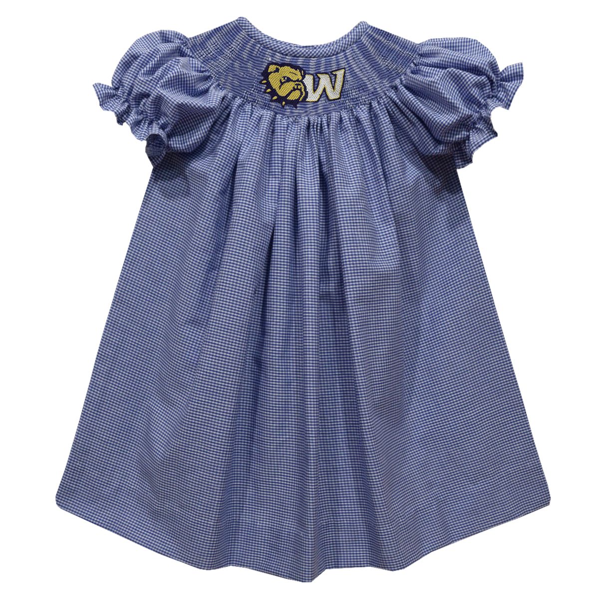 Toddler Navy Smocked Dog Head W Mini Check Bishop Dress, Size: 2T