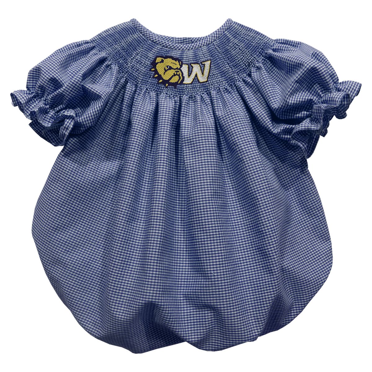 Infant Navy Smocked Dog Head W Mini Check Bishop Bubble, Size: 6M
