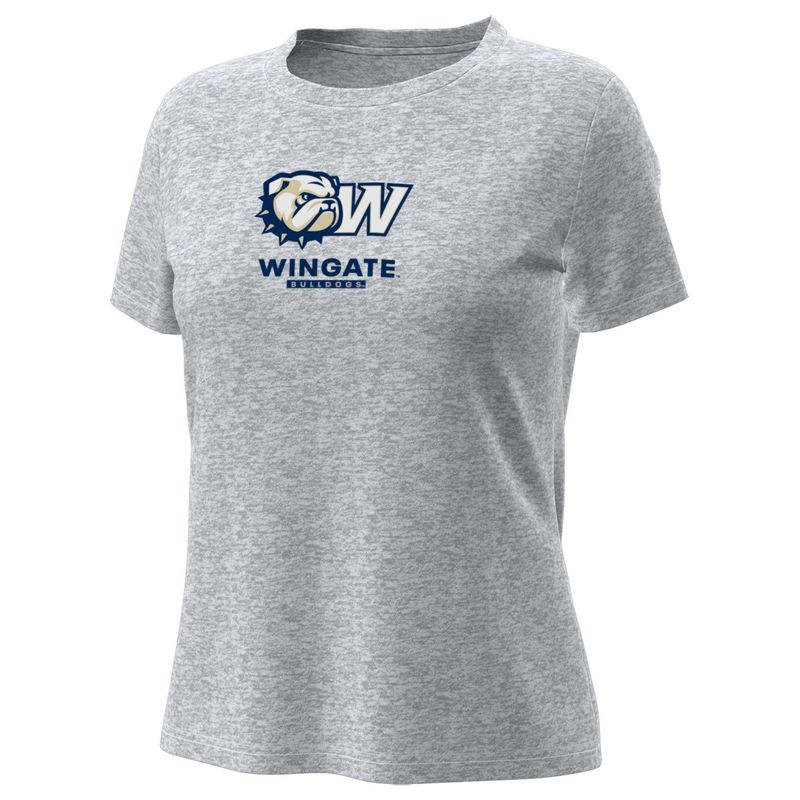 Ladies Grey Dog Head W Wingate Bulldogs Tech Stretch Drifit Short Sleeve T Shirt