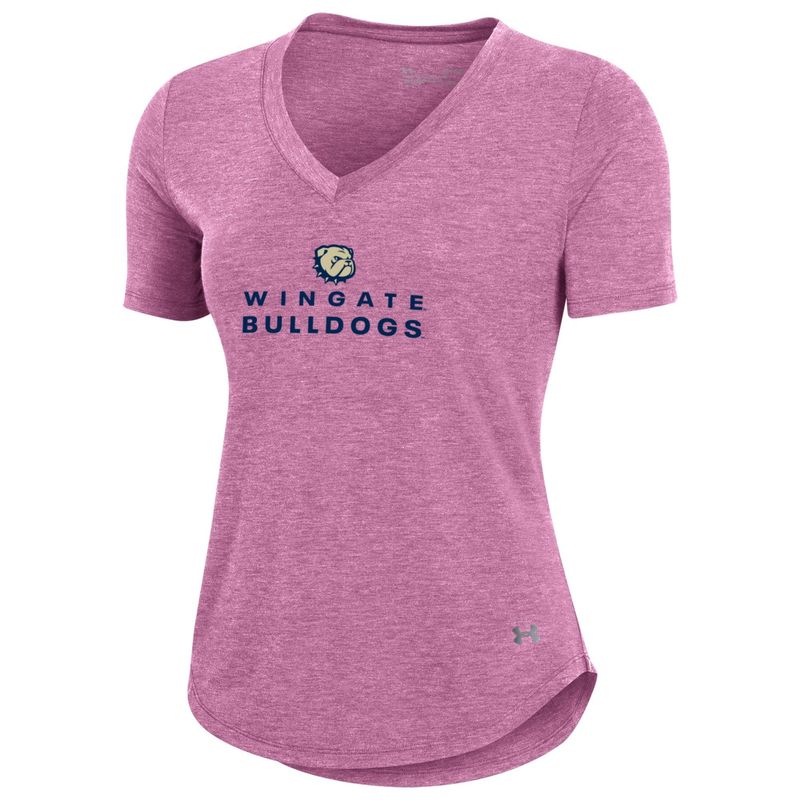 Ladies Pink Dog Head Wingate Bulldogs Breezy Loose Vneck Drifit Short Sleeve T Shirt