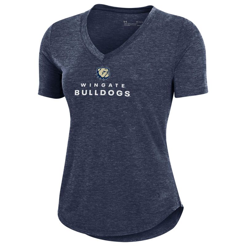 Ladies Navy Dog Head Wingate Bulldogs Breezy Loose Vneck Drifit Short Sleeve T Shirt