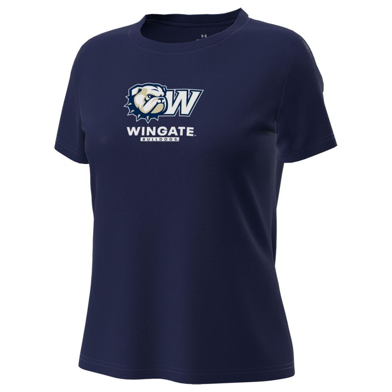 Ladies Navy Dog Head W Wingate Bulldogs Tech Stretch Drifit Short Sleeve T Shirt