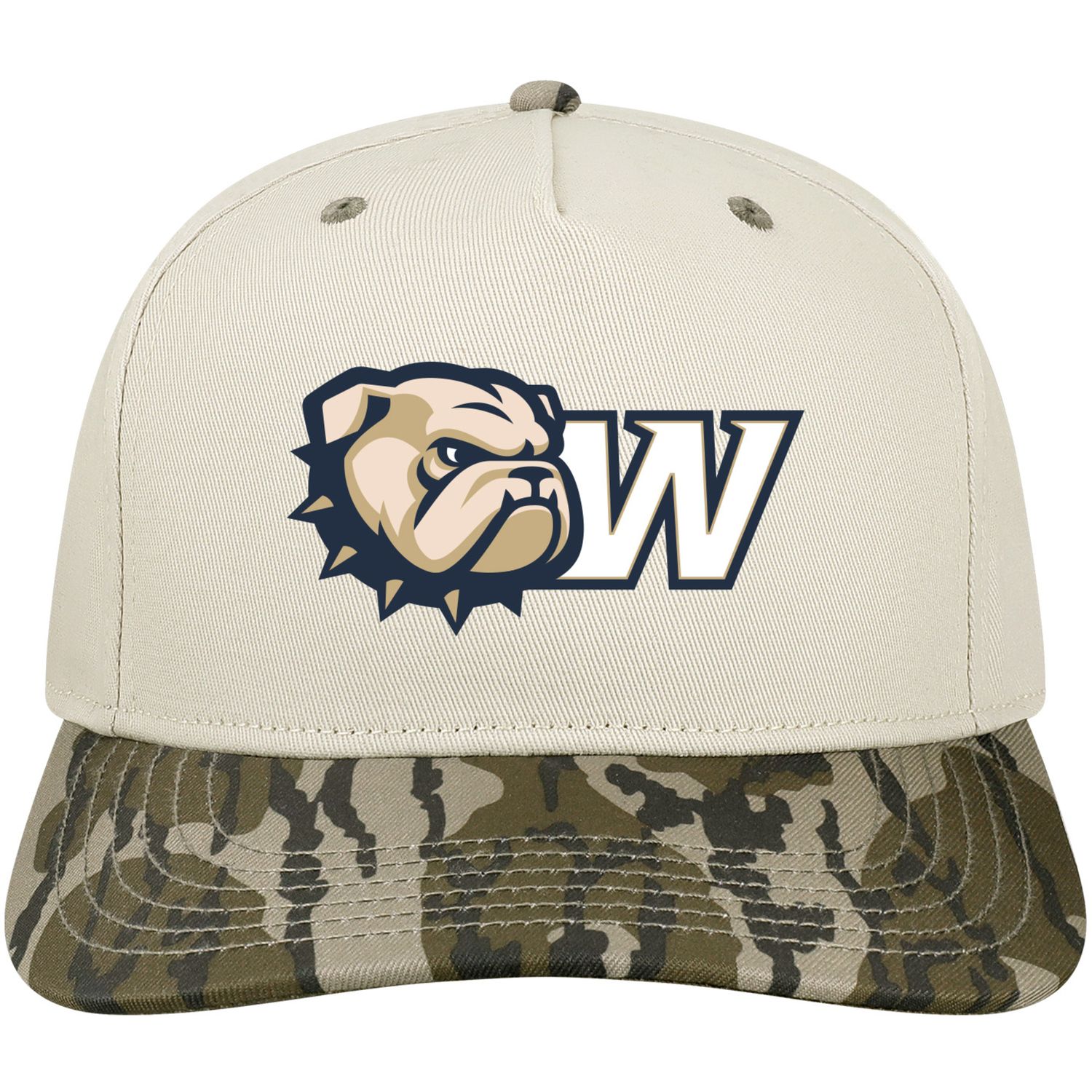 Dog Head W Wingate Stone Bottomland Camo Heritage Embroidered Foam Structured 5 Panel 2 Tone Adjustable Snapback Hat