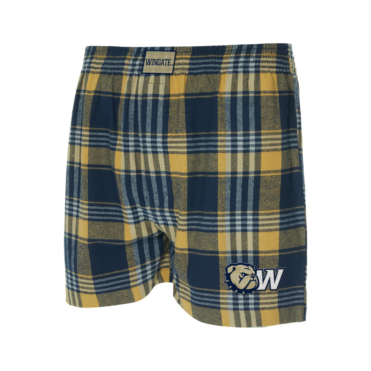 New Navy Gold Dog Head W Embroidered Flannel Pajama Boxer Shorts, Size: SM