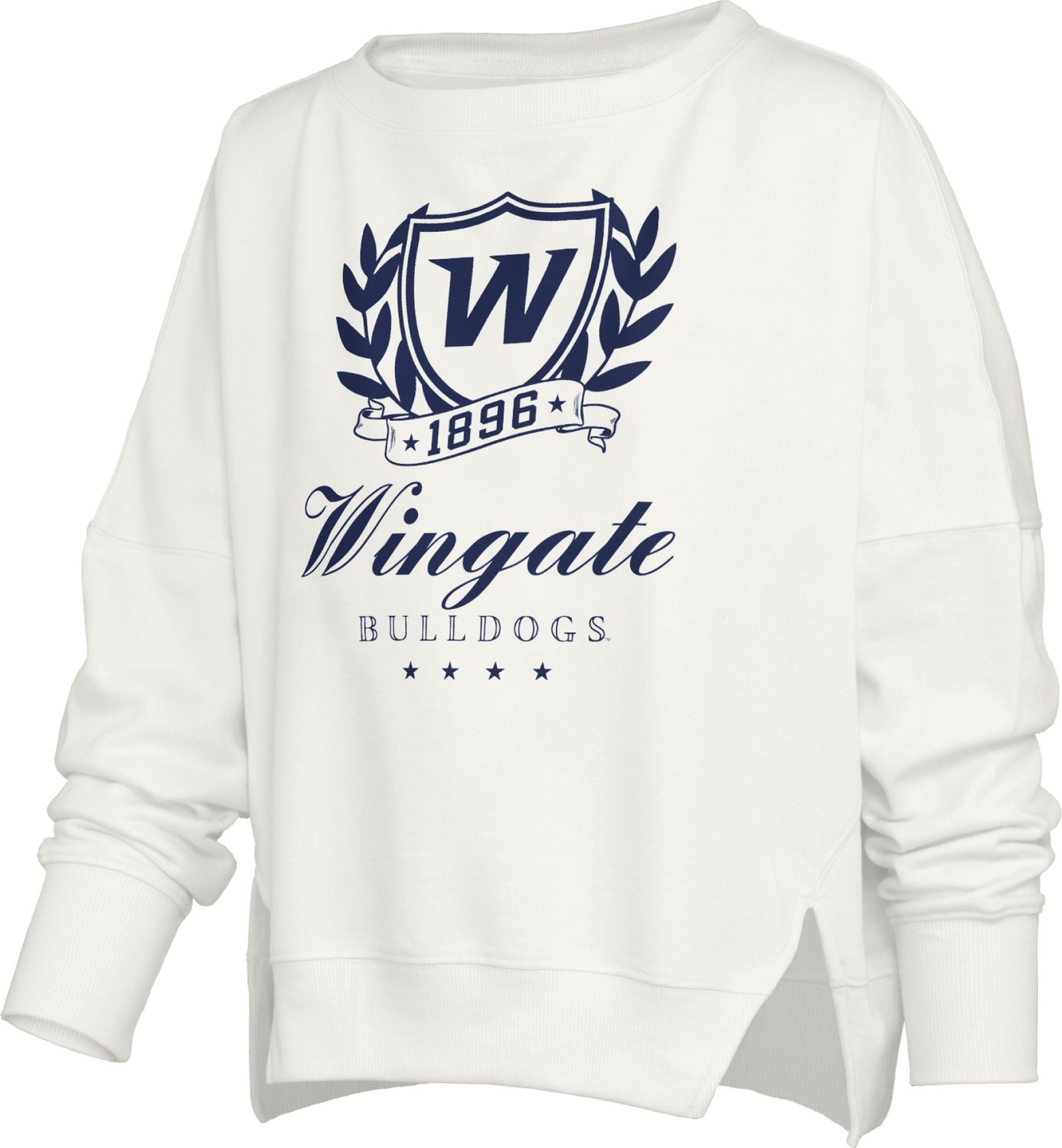 White Dog Head 1896 Wingate Bulldogs Embroidered Field Day Split Bottom Oversized Fleece Crewneck Sweatshirt, Size: SM