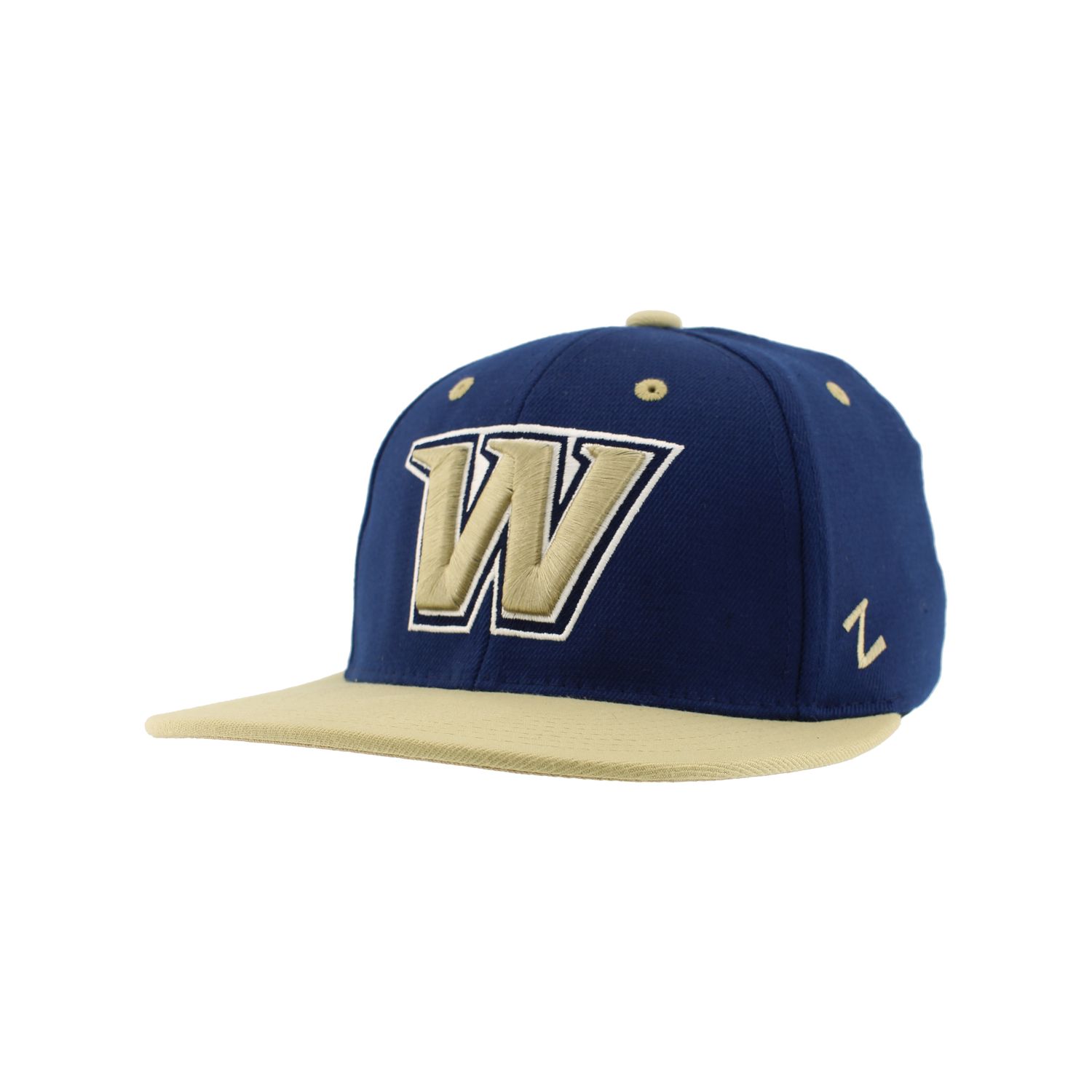 Navy Gold W Front Dog Head Back Z Classic Mid Rise Flat Bill Stretch Fit Hat, Size: LG