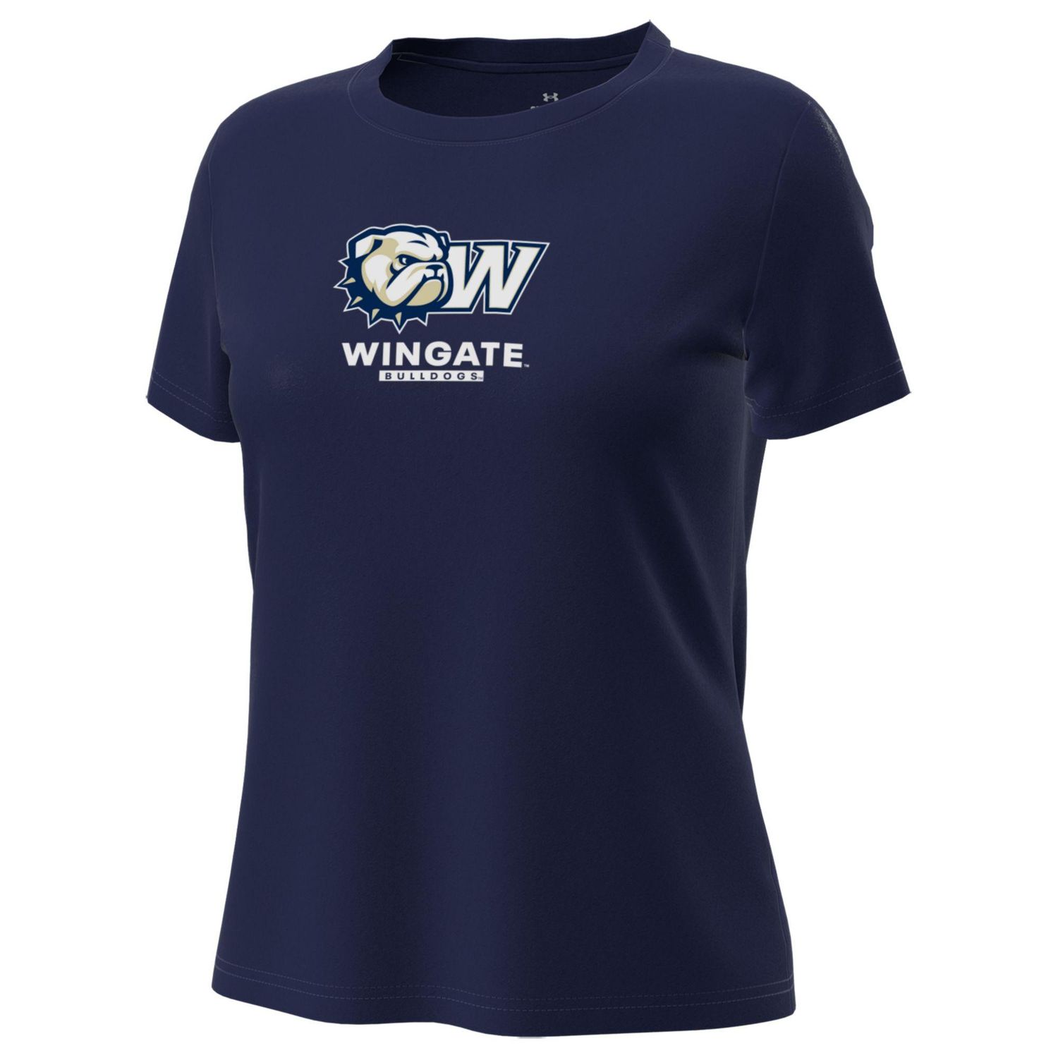 Ladies Navy Dog Head W Wingate Bulldogs Tech Stretch Drifit Short Sleeve T Shirt, Size: SM