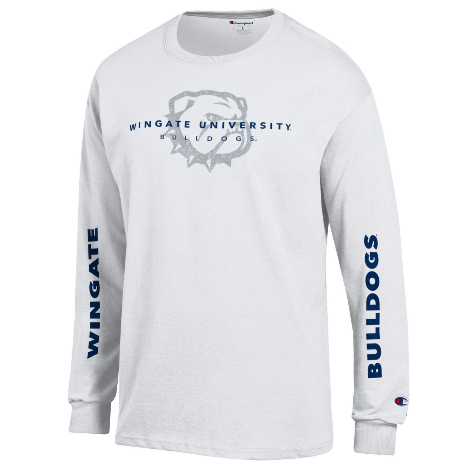 White Wingate University Bulldogs Dog Head Bulldogs Long Sleeve T Shirt, Size: SM