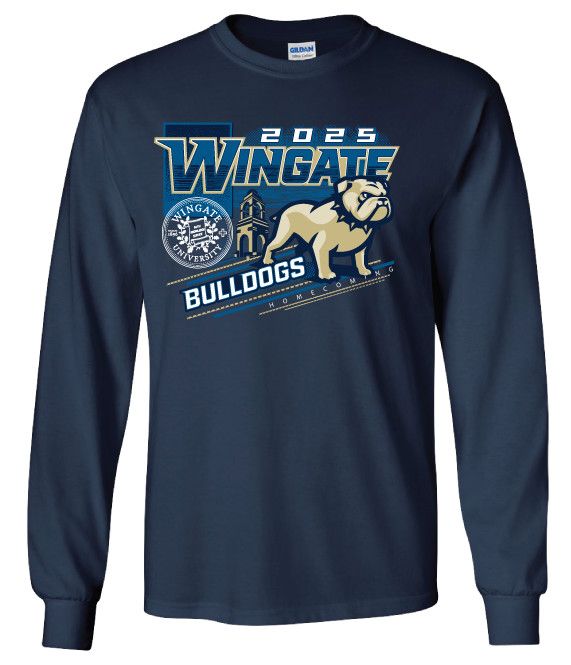 Navy Homecoming 2025 One Dog Wingate Seal Wellspring Bulldogs Full Standing Dog EST 1896 Long Sleeve T Shirt