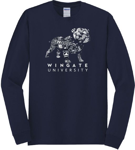 Navy Full Standing Dog Collage Wingate University Long Sleeve T Shirt, Size: SM