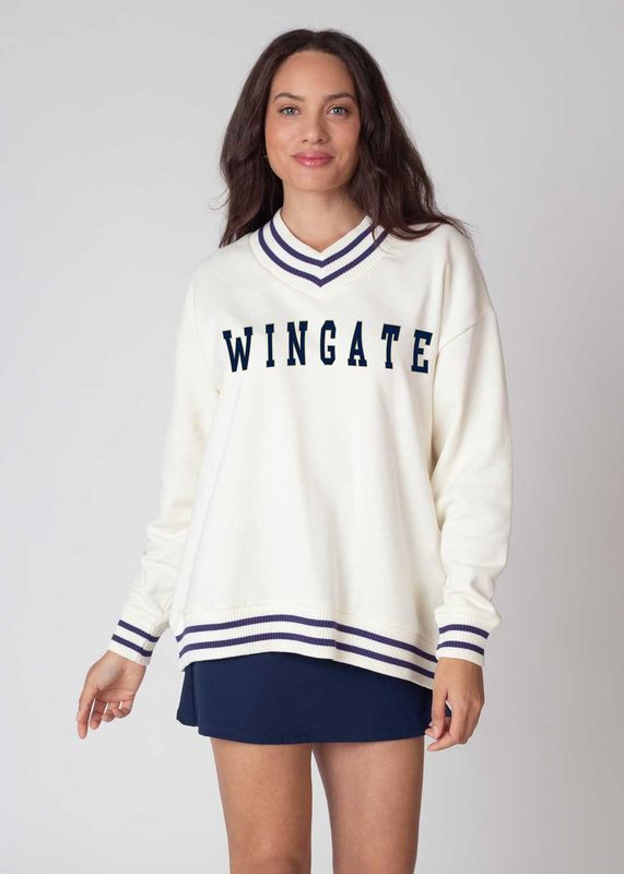 Cream Navy Wingate Vneck Striped Letterman Pullover Sweatshirt