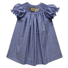 Toddler Navy Smocked Dog Head W Mini Check Bishop Dress