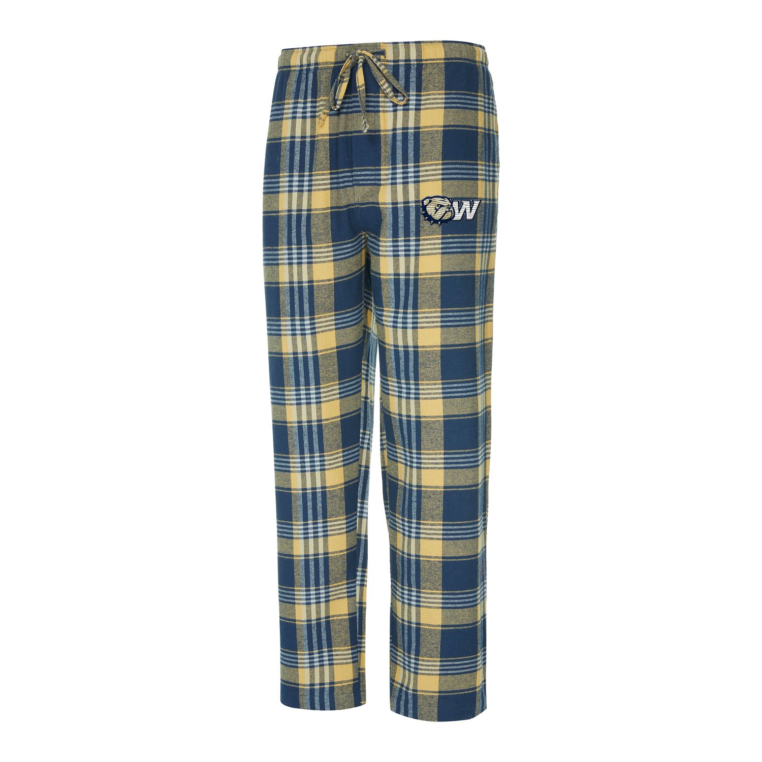 New Navy Gold Dog Head W Embroidered Plaid Flannel Pajama Pants, Size: SM