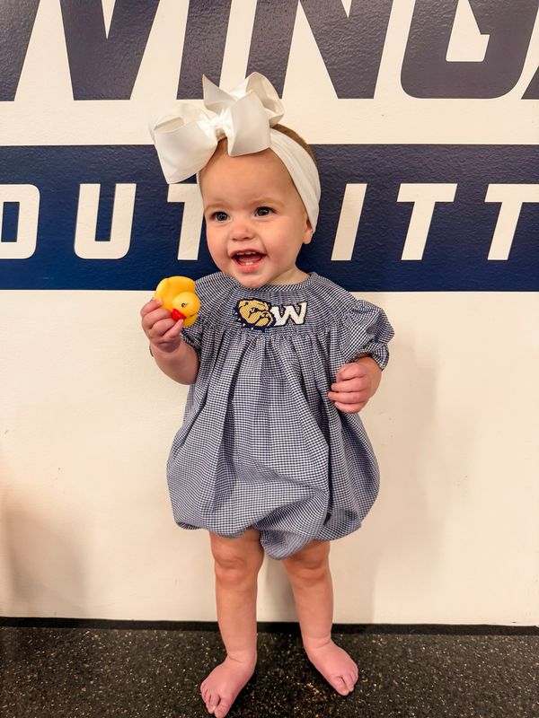 Infant Navy Smocked Dog Head W Mini Check Bishop Bubble