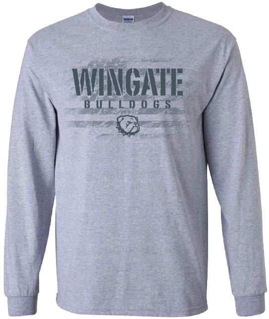 Grey  Faded American Wingate Bulldogs Dog Head Long Sleeve T Shirt, Size: SM