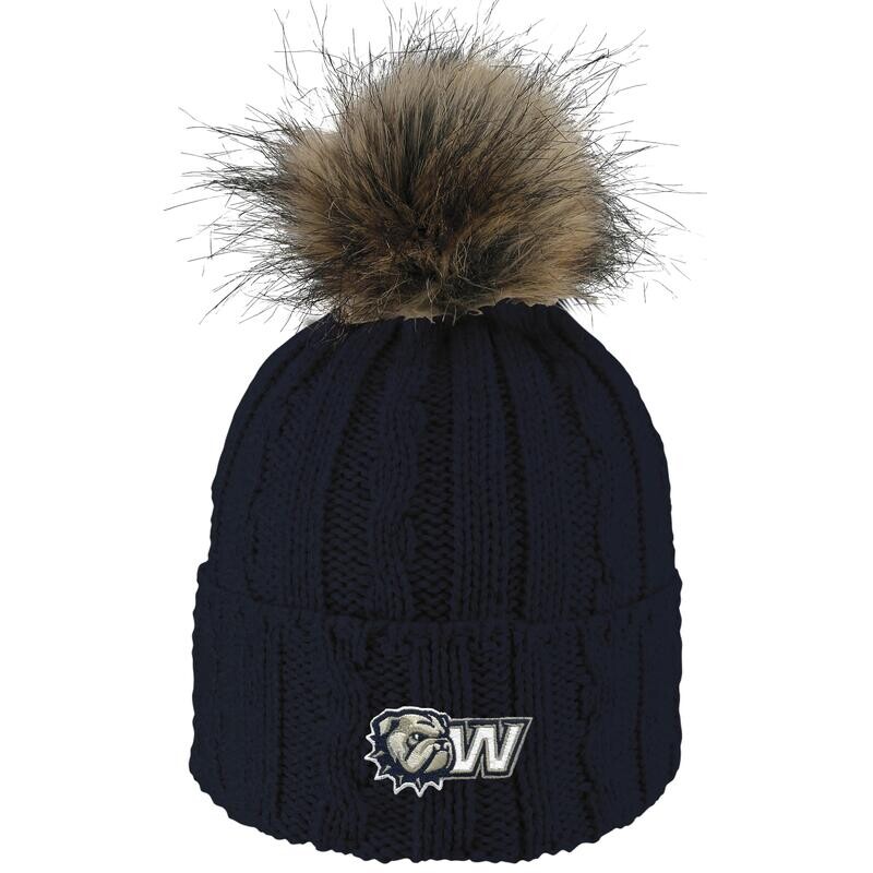 Navy Alps Embroidered Dog Head W Knit Cuff Faux Fur Pom  Beanie Hat