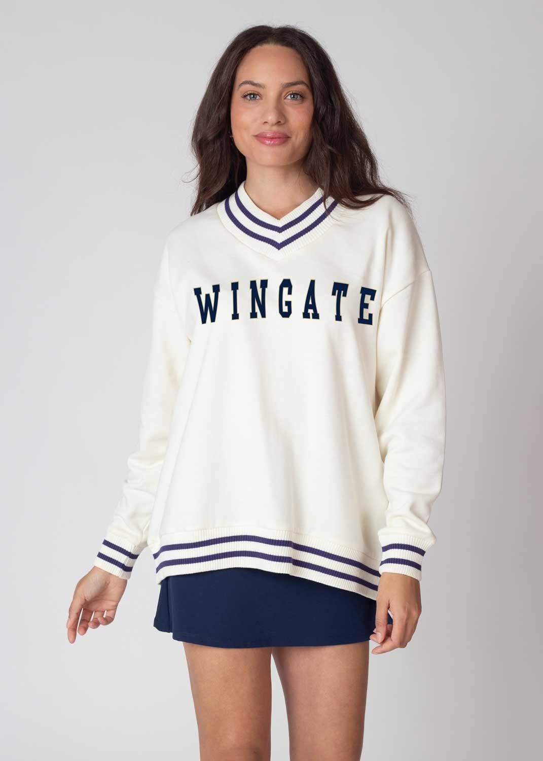 Cream Navy Wingate Vneck Striped Letterman Pullover Sweatshirt, Size: LG