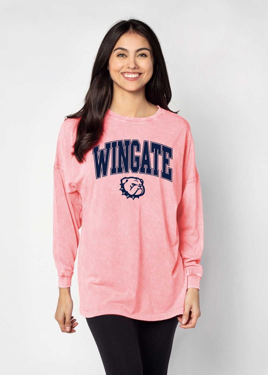 Dusty Rose Mineral Wash Wingate Dog Head Big Long Sleeve T Shirt, Size: MD
