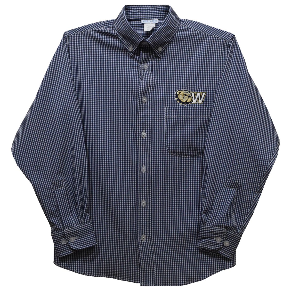 Youth Navy Embroidered Dog Head W Mini Check Long Sleeve Button Down Shirt, Size: LG