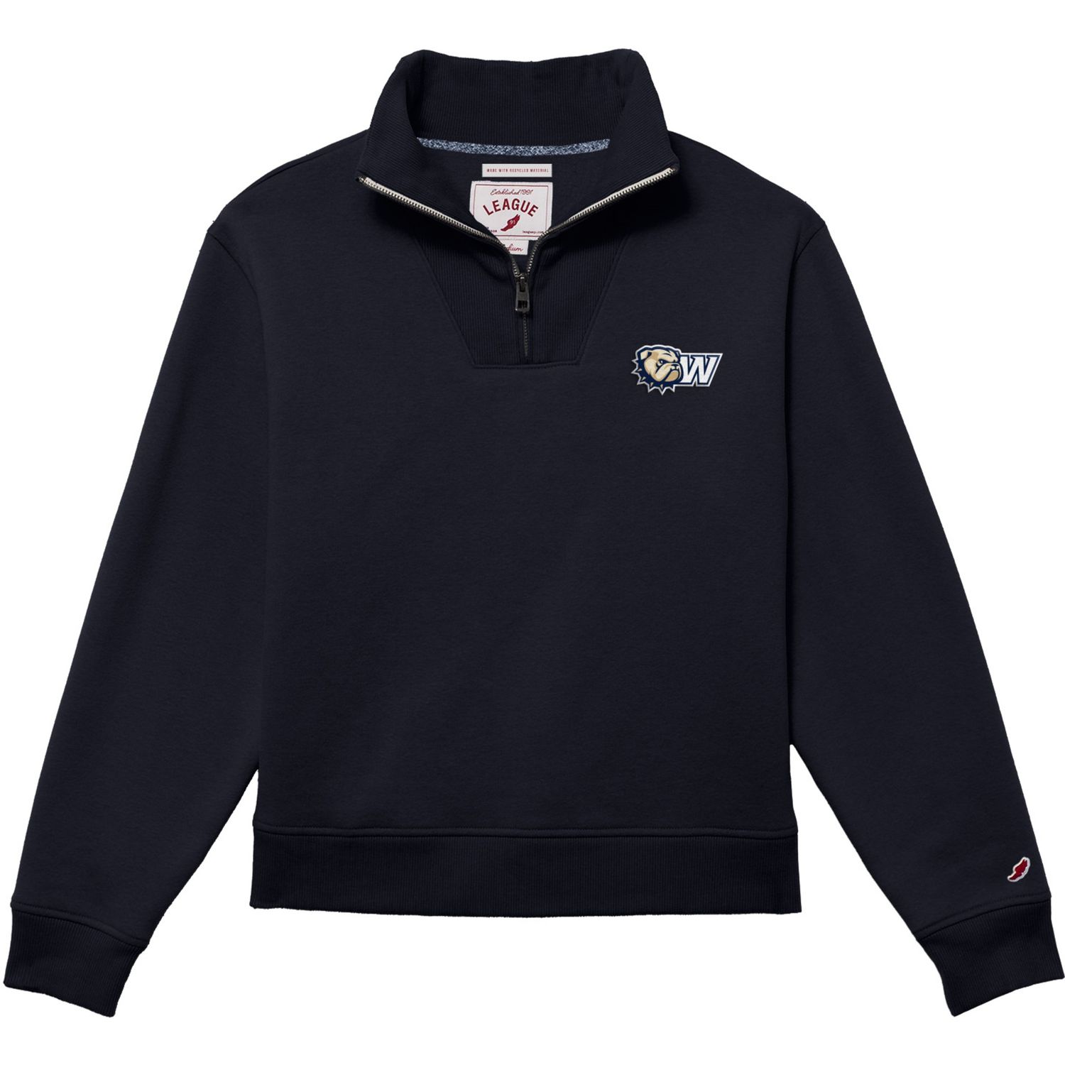 Ladies Navy Dog Head W Embroidered 1991 Sueded Fleece Quarter Zip Pullover