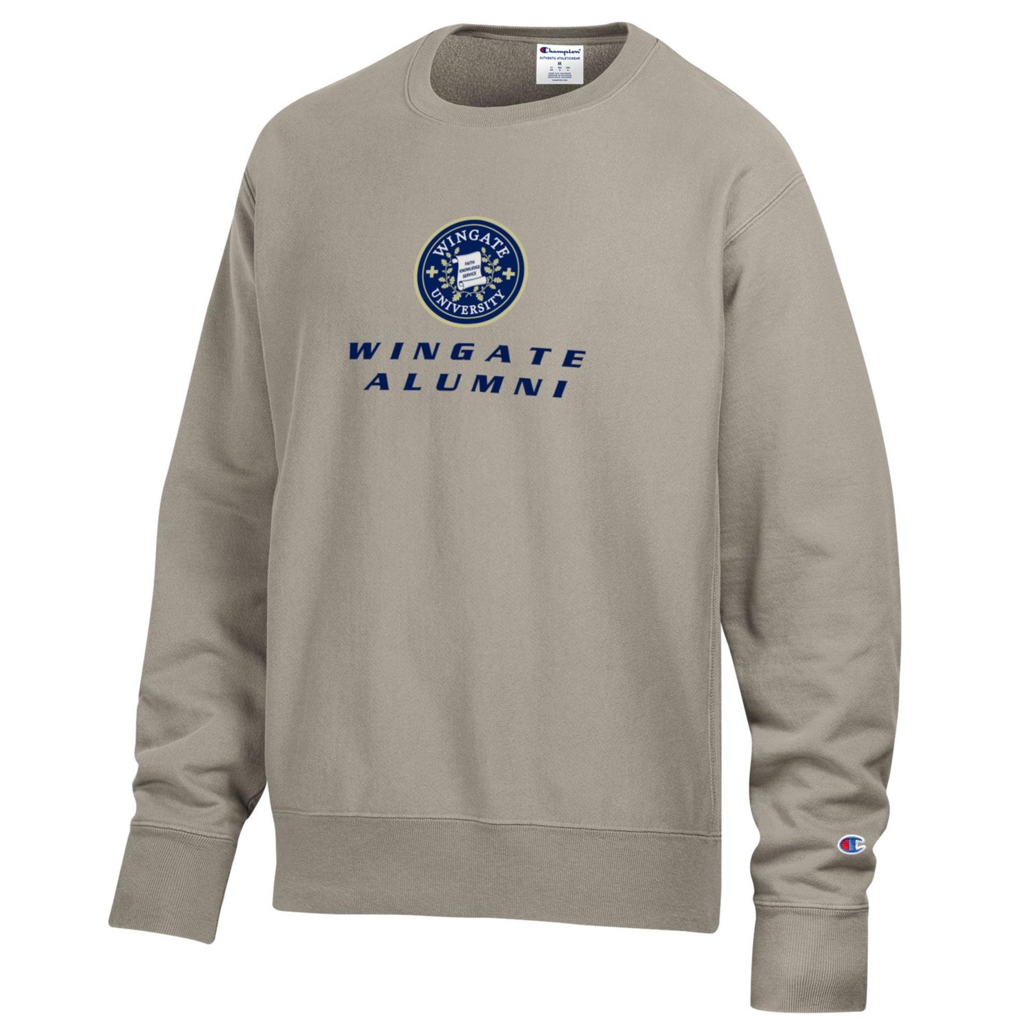 Artic Cold Beige Vintage Wingate Alumni Embroidered Seal Crewneck Reverse Weave Sweatshirt, Size: SM