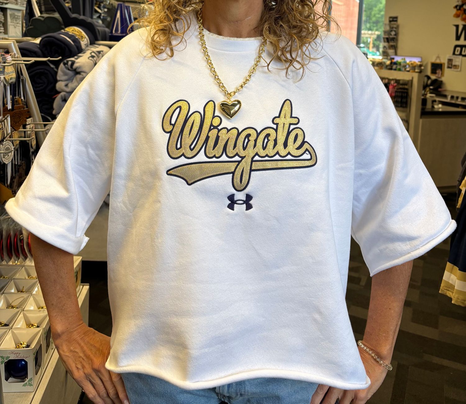 White Wingate Gold Metallic Rival Fleece Crewneck Sweatshirt, Size: MD