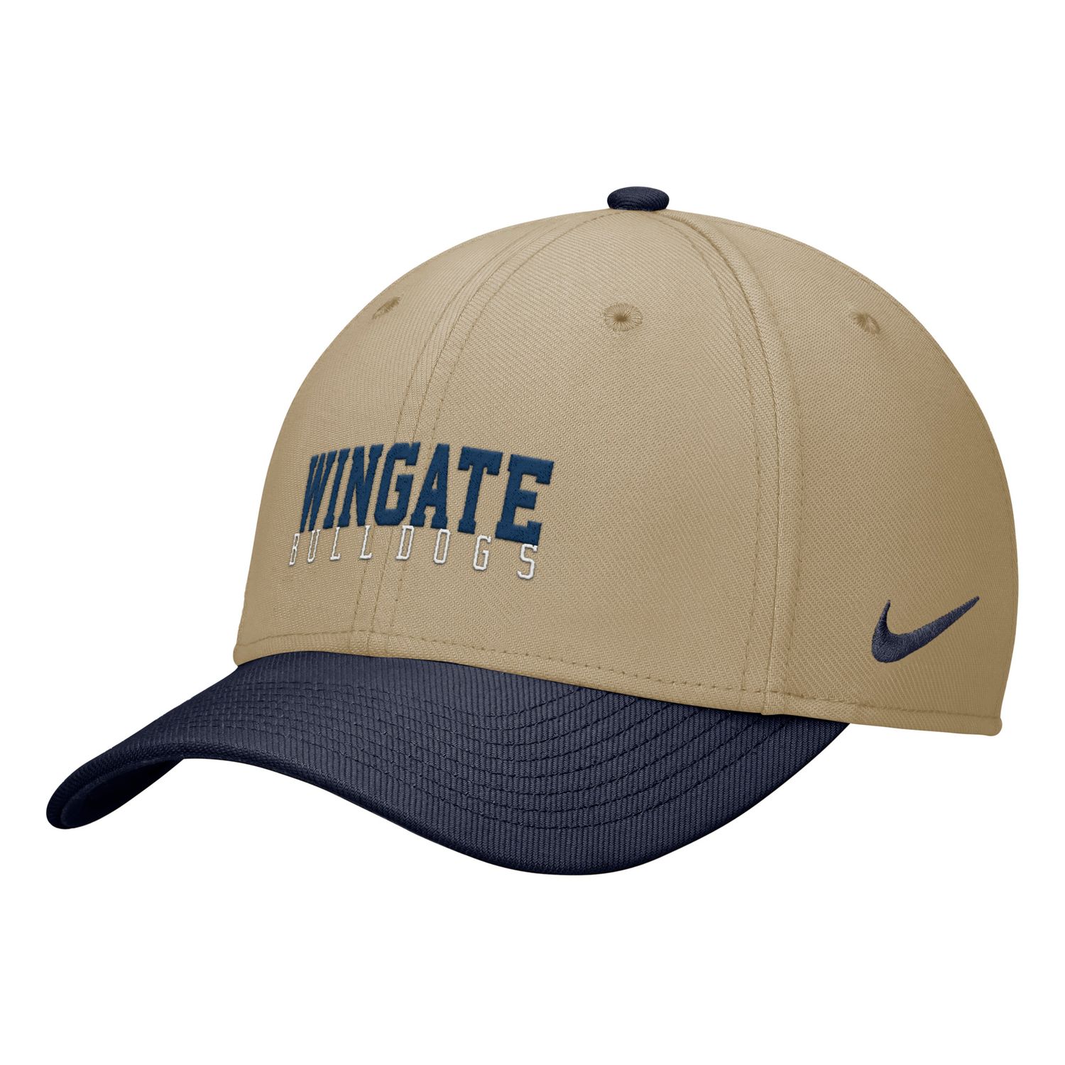 Parachute Beige Navy Wingate Bulldogs Dog Head W Drifit Stretch Wool Structured Rise Swoose Flex Fit Hat