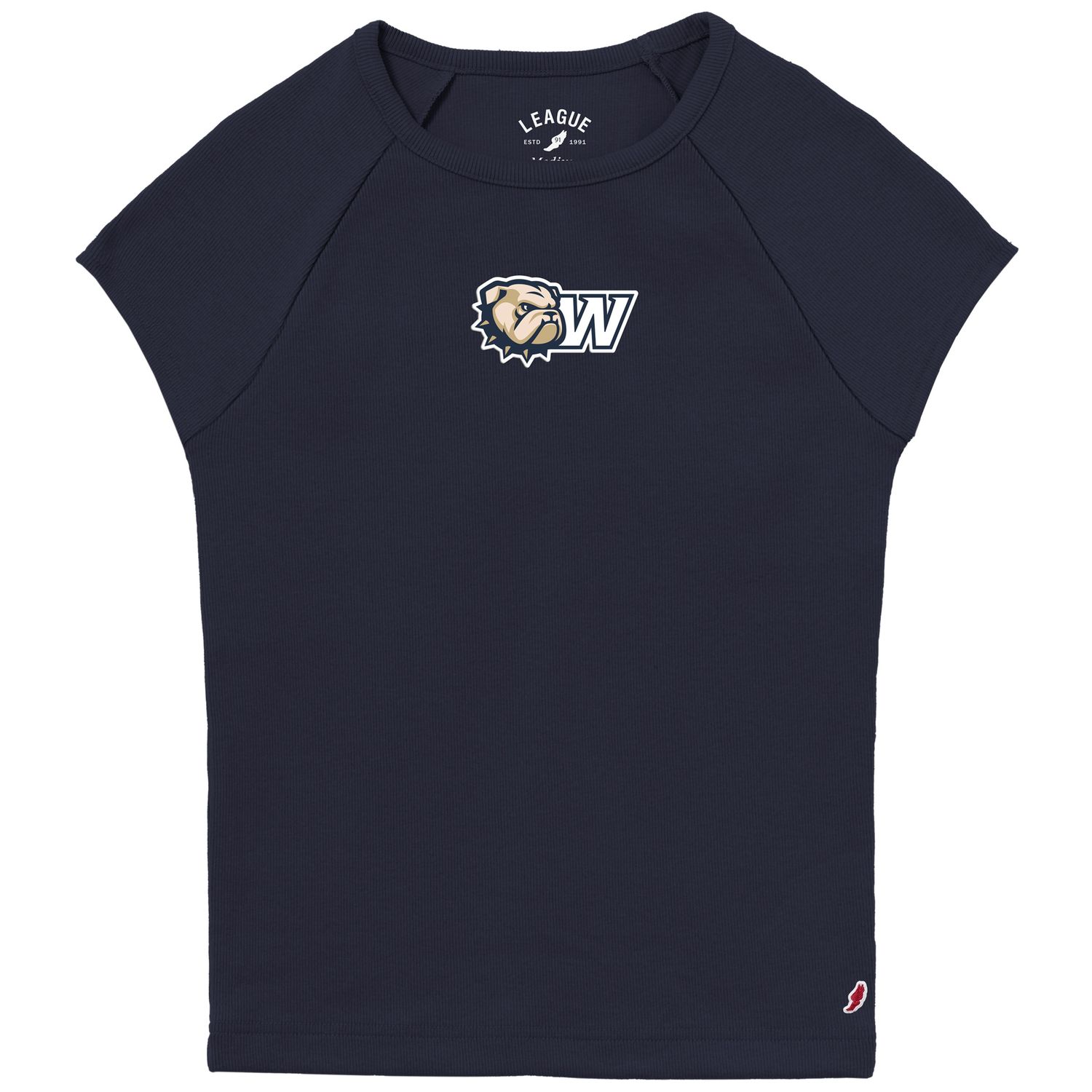 Navy Dog Head W Embroidered Retro Rib Baby Doll Short Sleeve T Shirt, Size: SM