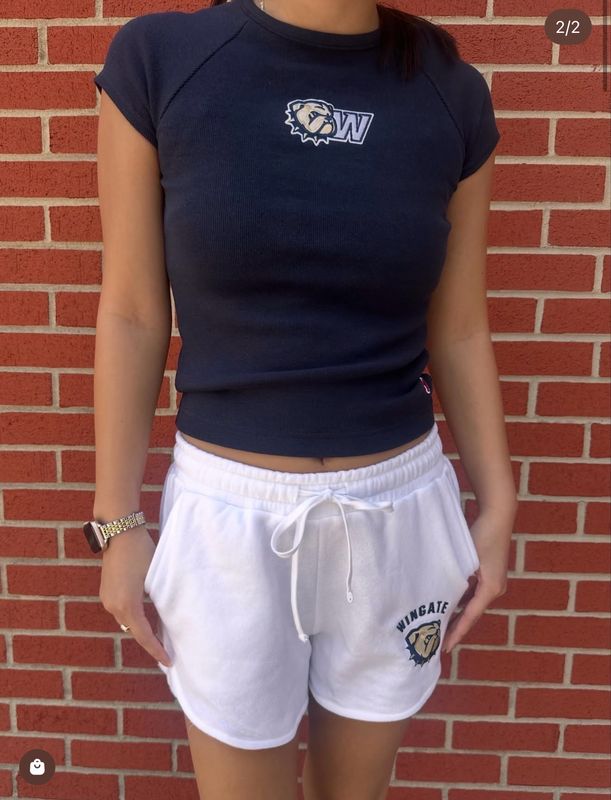 Navy Dog Head W Embroidered Retro Rib Baby Doll Short Sleeve T Shirt