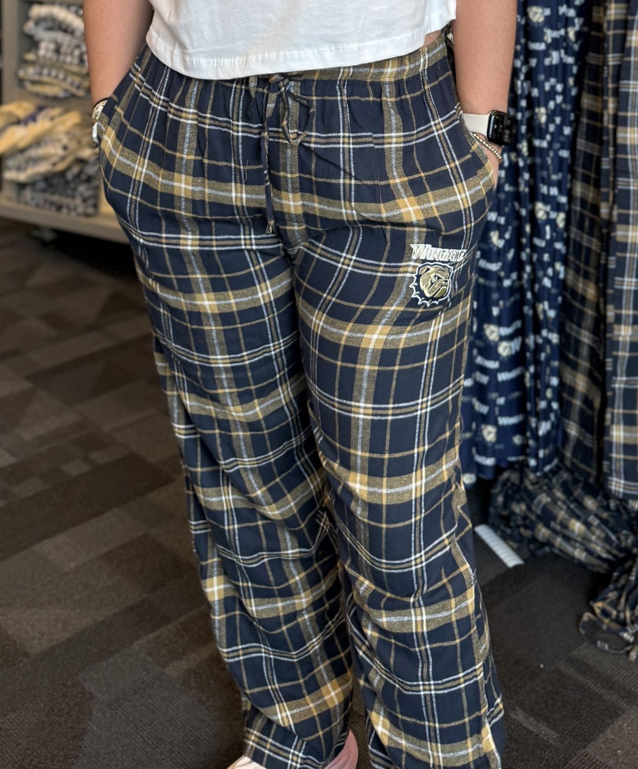 Navy Gold Wingate Dog Head Embroidered Plaid Flannel Pajama Pants, Size: SM