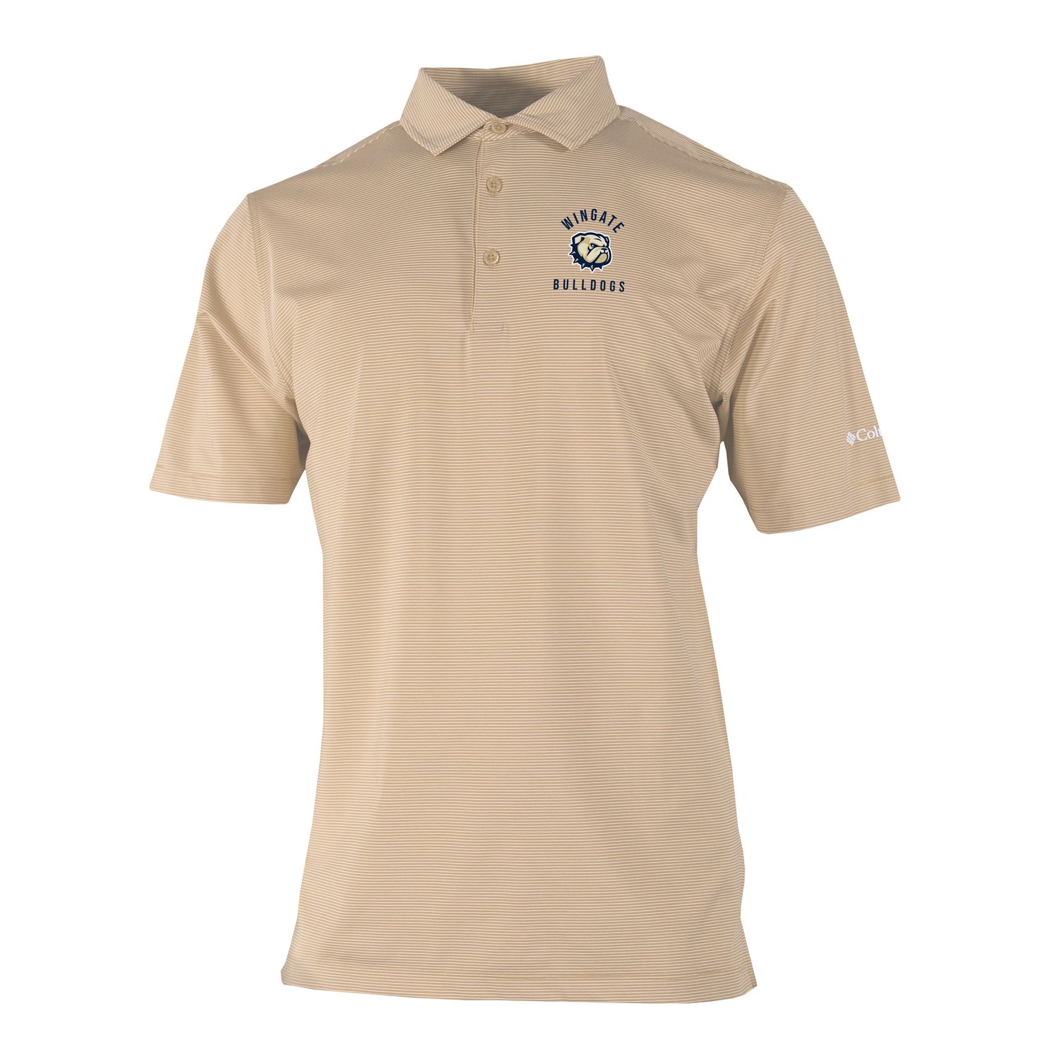 Vegas Gold Wingate Arched Over Dog Head Bulldogs Embroidered Small Striped Drifit Double Hit Polo, Size: SM