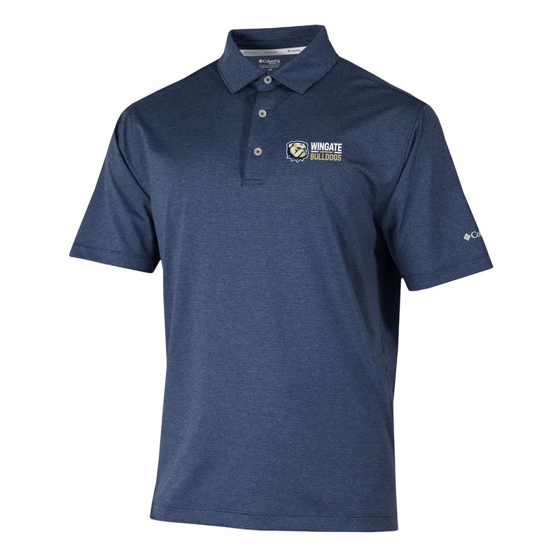 Navy Dog Head Wingate Over Bulldogs Embroidered Tiny Striped Sand Tee Drifit Polo
