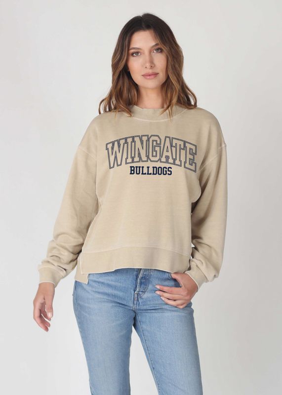 Oatmeal Wingate Bulldogs Burnout Box Crewneck Sweatshirt