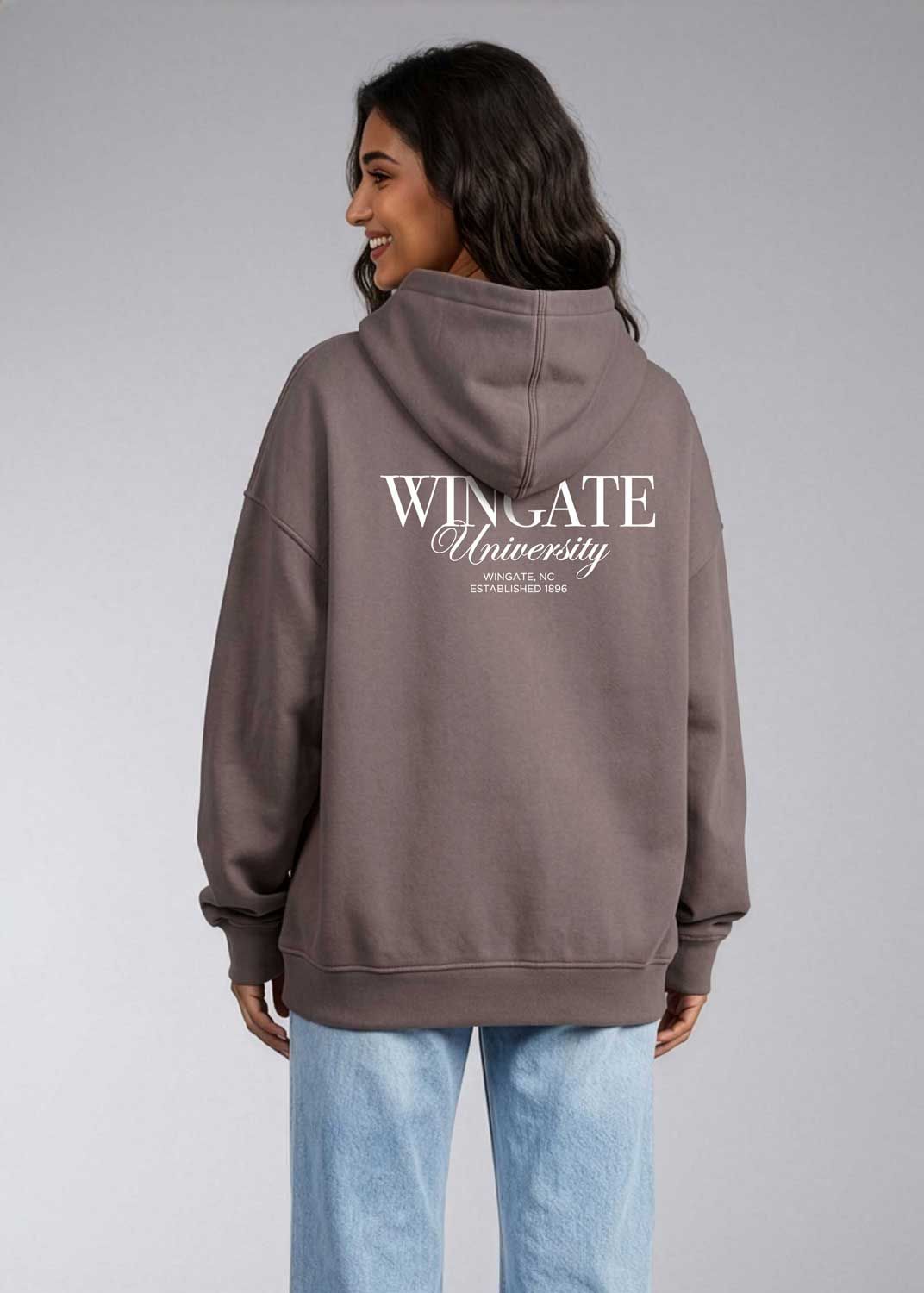 Chocolate Wingate Front Wingate NC Est 1896 Back Salt Wash Fleece Hoodie Sweatshirt, Size: SM