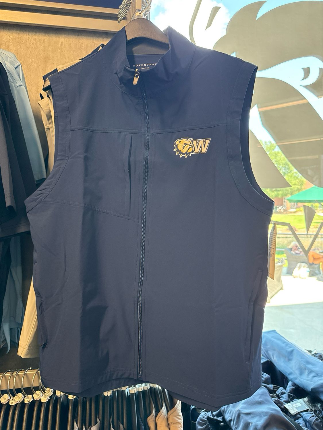 Navy Dog Head W Embroidered Stretch Woven Full Zip Vest