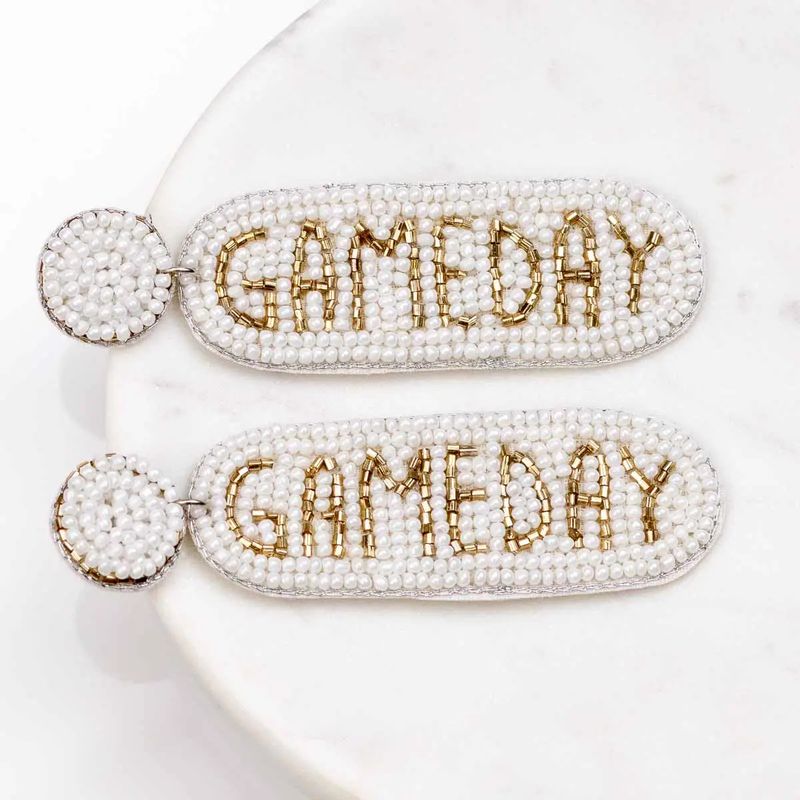 3" Gold White Gameday Beaded Earrings
