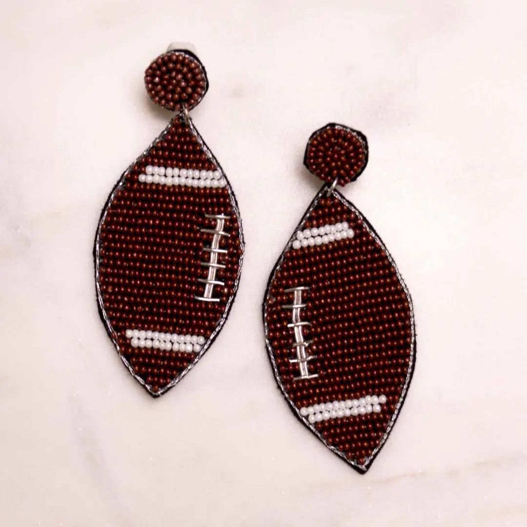 3.25" Football Beaded Earrings Brown/White