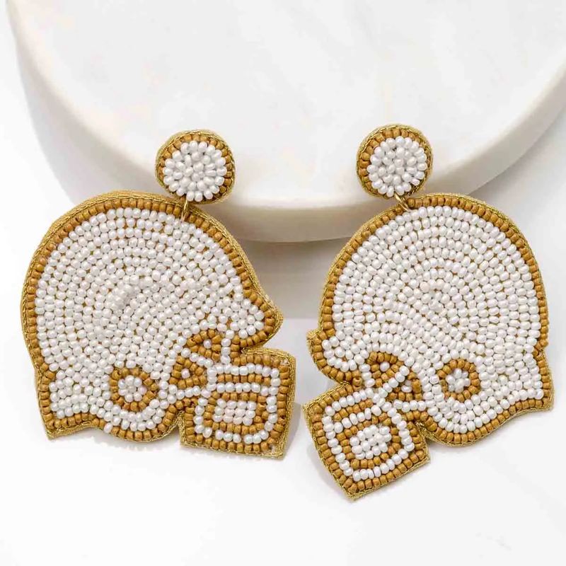 3.25" White Gold Football Helmet Beaded Earrings