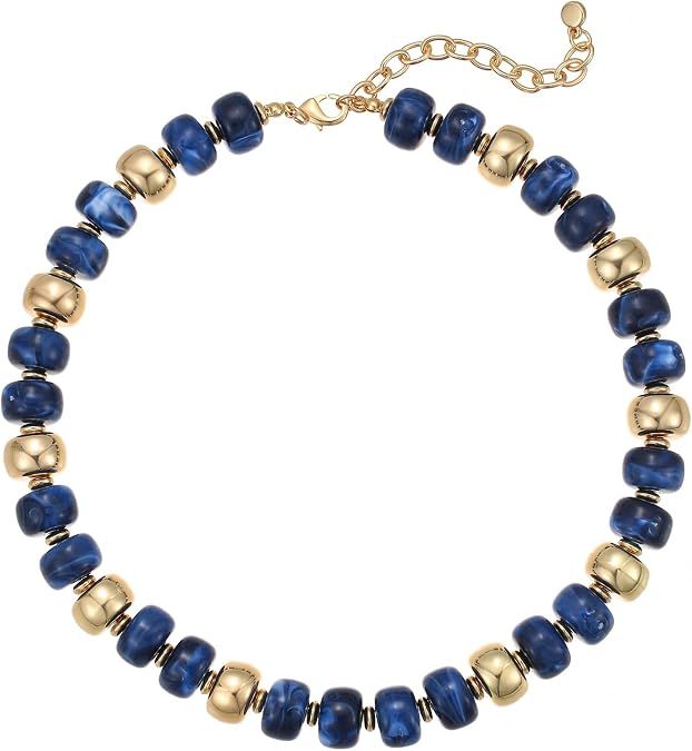 Resin Chunky Navy Gold  Beaded Necklace Adjustable Boho Statement Necklace Jewelry