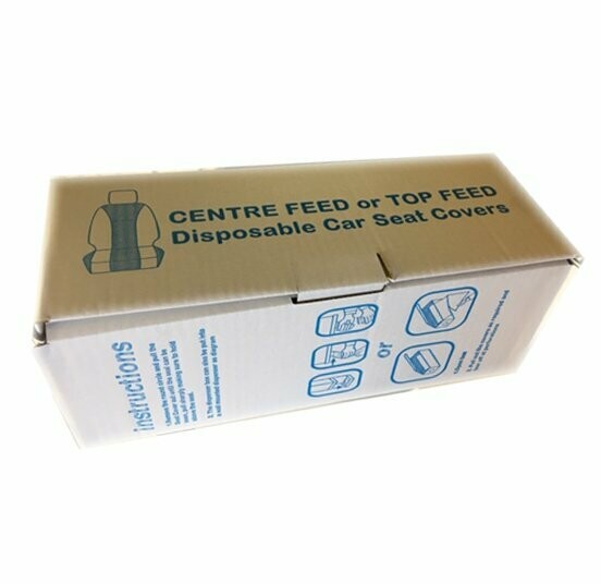 Recyclable Centre Feed Polythene Disposable Car Seat Covers in Dispenser Box 15 Micron 800 x 1300mm 100 per roll