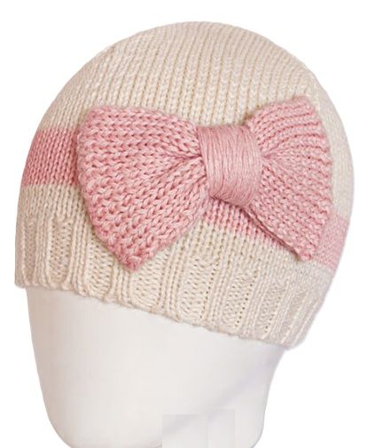 Knitted Baby Hat with Bow, Color: Natural/Pink