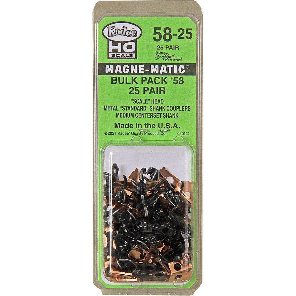 #58-25 HO Scale Bulk Pack - 25 pair #58 Scale Metal Couplers - Medium (9/32&quot;) Centerset Shank