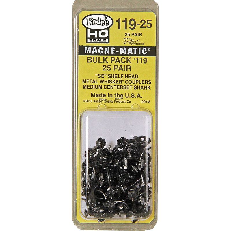 #119-25 HO Scale Bulk Pack - 25 pair #119 SE Shelf Whisker® Metal Coupler - Medium (9/32&quot;) Centerset Shank