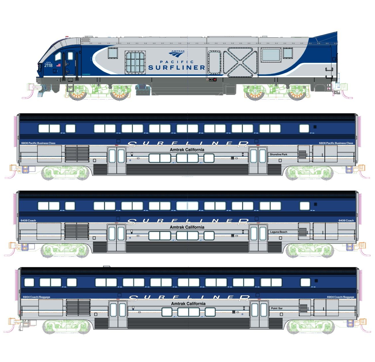 Amtrak SC-44 &amp; Amtrak Pacific Surfliner 4 Unit Base Set w/Pre-Installed Lighting