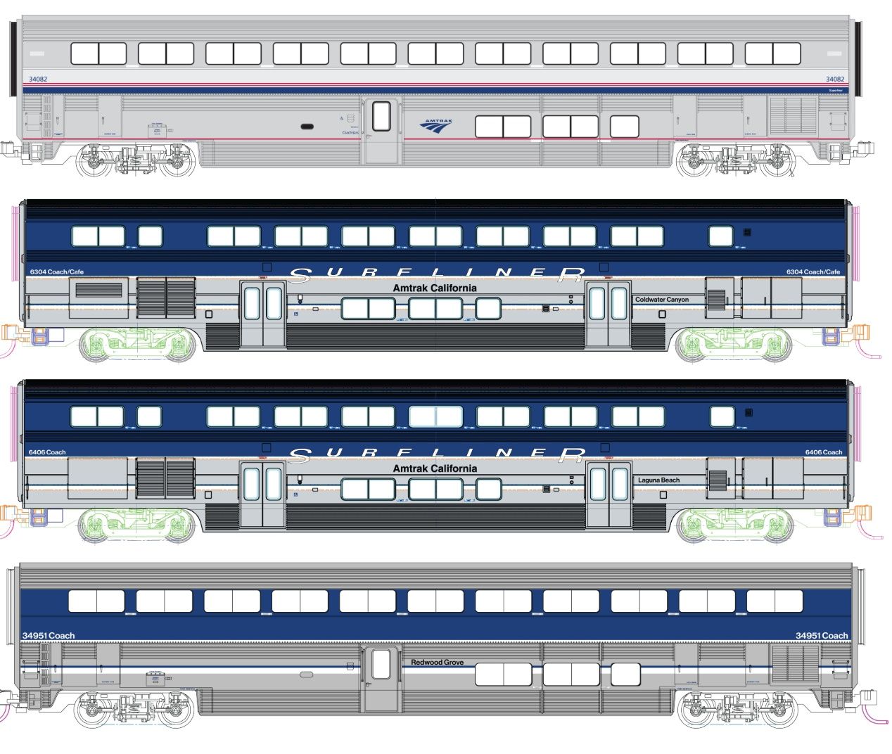 Amtrak Pacific Surfliner 4 Car Add-on Set w/Pre-Installed Lighting